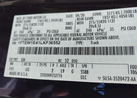 2020 Ford F-150 Xlt z USA, uszkodzony, nr VIN 1FTEW1E41LKF36552